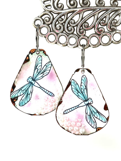 Copper Enamel Dragonfly Pearl Earrings