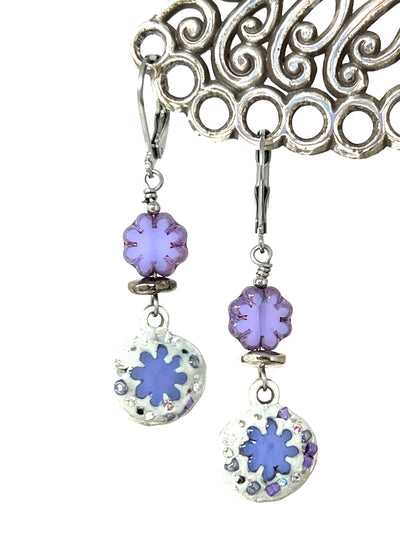 Handmade Czech Glass Floral Purple Mosaic Earrings