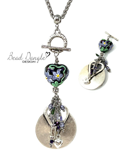 Interchangeable Floral Lampwork Glass Heart Beaded Cluster Dangle Necklace Pendant #5107D