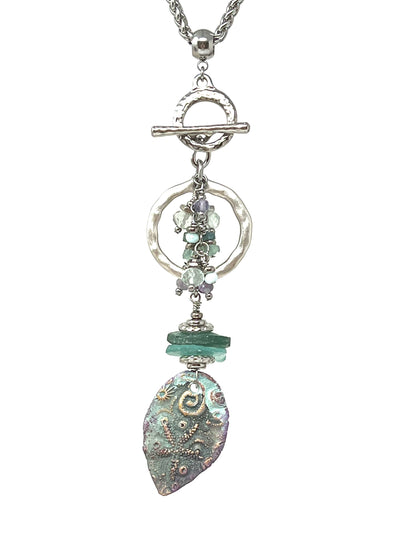 Handmade Glazed Ceramic and Bohemian Glass Beaded Pendant Necklace #5278D
