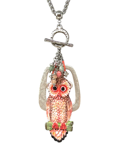 Hand-Carved Bone Owl Beaded Pendant Necklace #5285D