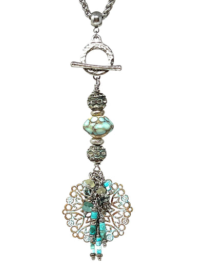Lampwork Glass Filigree Patina Beaded Dangle Pendant Necklace #5302D