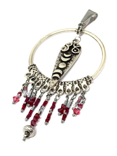 Large Red Circular Beaded Dangle Pendant Necklace #6956D