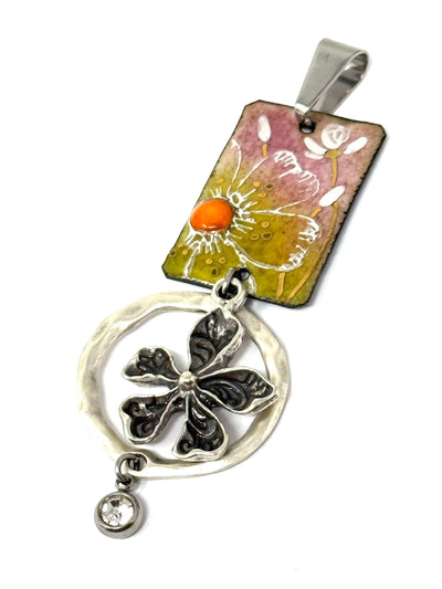 Handmade and hand-painted floral copper enamel focal bead with hammered pewter accent beads. Slide-on-and-go design.