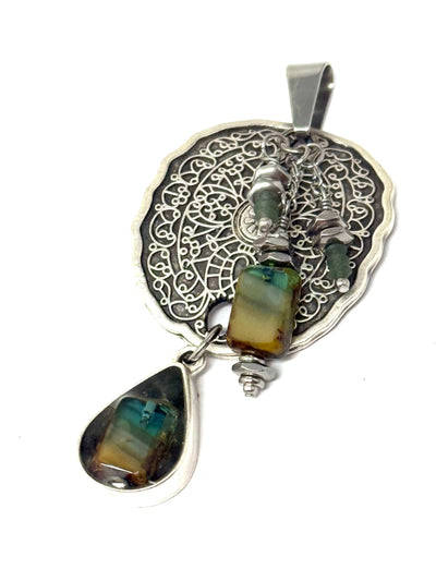 Boho handmade czech glass beaded pendant. Shades of green and cream with easy interchangeable design.