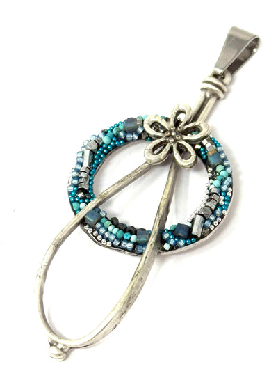 Turquoise and silver daisy one-of-a-kind interchangeable mosaic beaded pendant on stainless steel bail - handmade in USA by Bead Dangle Design