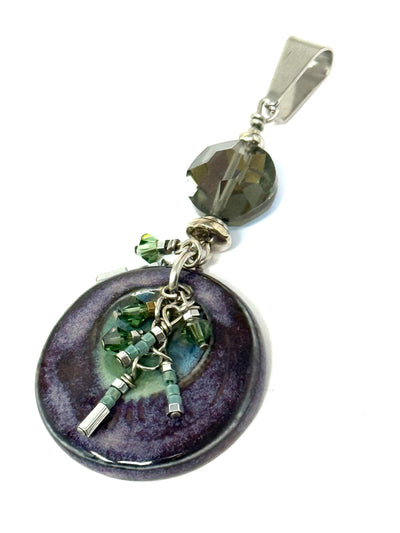 Porcelain Swarovski crystal one-of-a-kind interchangeable beaded pendant necklace with purple base and dangling beads on stainless steel bail - handmade in USA by Bead Dangle Design