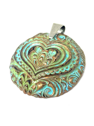 Polymer clay heart one-of-a-kind interchangeable pendant with boho designs in turquoise and bronze on stainless steel bail - handmade in USA by Bead Dangle Design