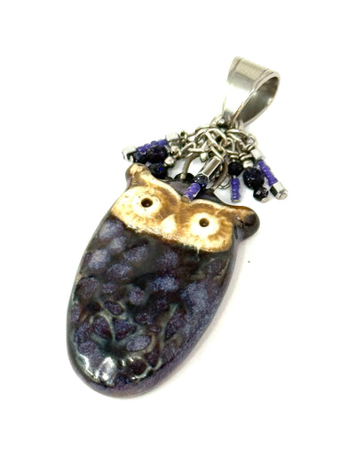 Rustic purple porcelain owl one-of-a-kind interchangeable pendant on stainless steel bail - handmade in USA by Bead Dangle Design