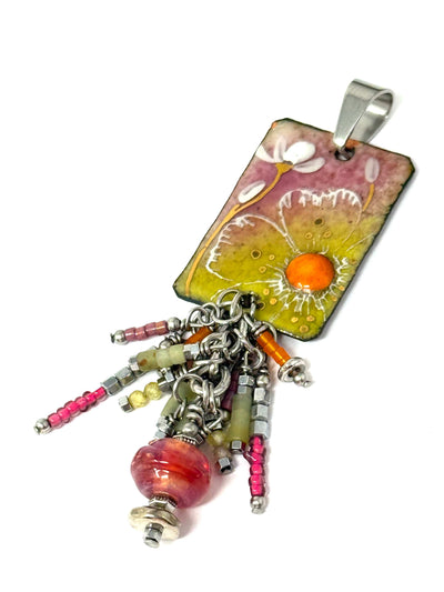 Floral hand-painted copper enamel beaded pendant necklace featuring colorful beads and a silver chain.