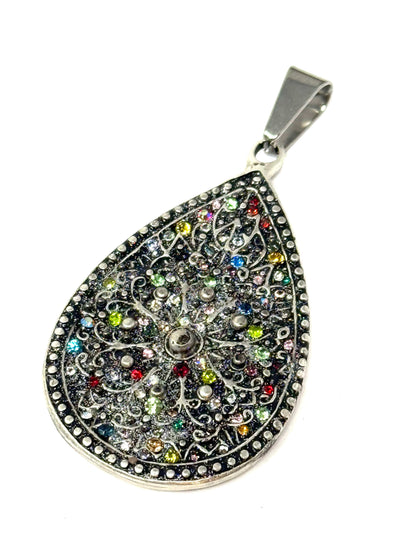 Handmade multi-color crystal teardrop pendant necklace featuring intricate design and vibrant gemstones.