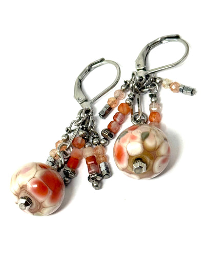 Handmade peach, white, and green lampwork glass dangle earrings. Sunstone gemstone beads accent beautifully.