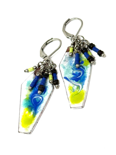 Beautiful handmade copper swirl blue and yellow beaded dangle earrings. Lightweight with stainless steel leverbacks for comfort.