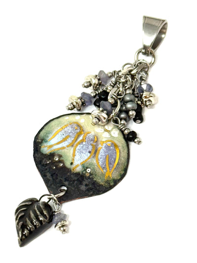 Beautiful Lavender, Black, and Beige Bird Copper Enamel Pendant. Slide on any chain. Mix and match.