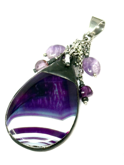 Attach this chunky purple and white Agate soldered pendant with tiny accent dangling beads to any chain.