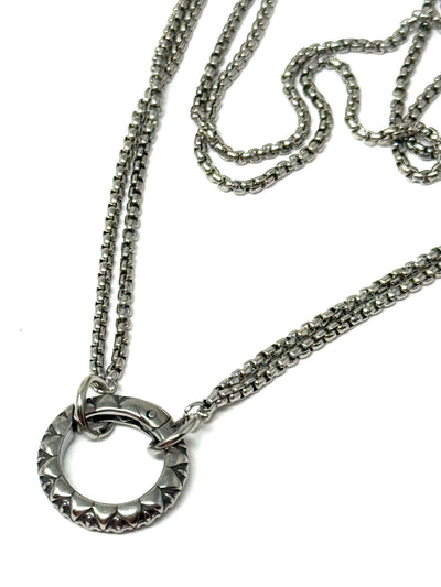 Double-strung stainless steel box chain necklace with a round pendant for easy pendant sliding.