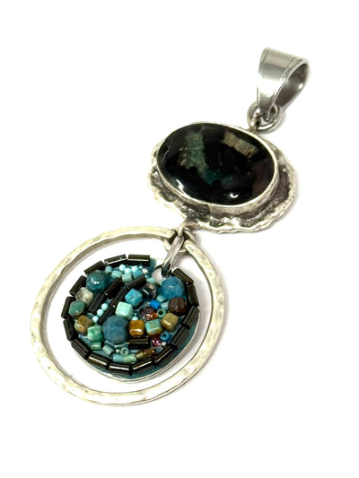 Turquoise gemstone one-of-a-kind interchangeable mosaic beaded pendant in hammered pewter setting on stainless steel bail - handmade in USA by Bead Dangle Design