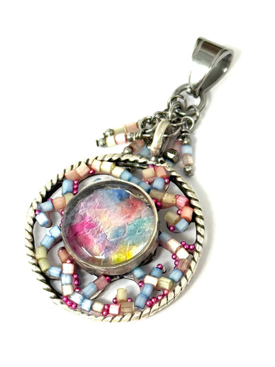 Pastel filigree swirl one-of-a-kind interchangeable seed bead shimmer pendant with marbled glass on stainless steel bail - handmade in USA by Bead Dangle Design