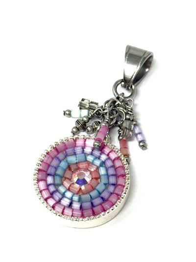 Pastel glass shimmer one-of-a-kind interchangeable seed bead mosaic pendant in pink and blue tones on stainless steel bail - handmade in USA by Bead Dangle Design