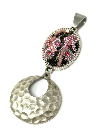 Mosaic swirl one-of-a-kind interchangeable seed bead pendant with black and silver design on hammered silver base - handmade in USA by Bead Dangle Design