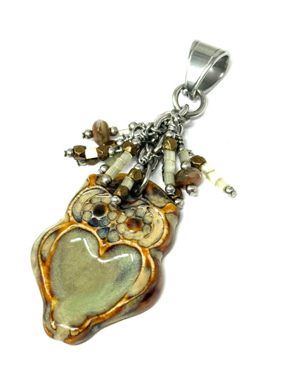 Porcelain owl one-of-a-kind interchangeable beaded pendant with cascading glass seed beads on stainless steel bail - handmade in USA by Bead Dangle Design