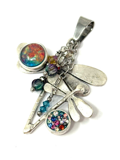 Crystal glass dragonfly one-of-a-kind interchangeable beaded pendant with colorful beads and silver dragonfly charm - handmade in USA by Bead Dangle Design