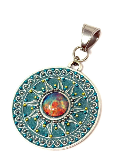 Colorful sun one-of-a-kind interchangeable beaded pendant with marbled glass stone and oxidized pewter sunburst frame - handmade in USA by Bead Dangle Design
