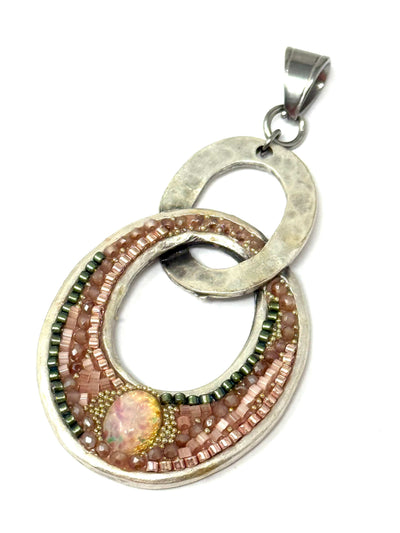 Peach shimmer one-of-a-kind interchangeable seed bead mosaic pendant in silver and rose gold tones - handmade in USA by Bead Dangle Design