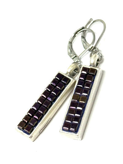 Handmade Hand-Beaded Mosaic Purple Earrings #2698E