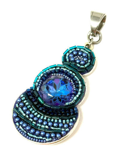 Deep blue Austrian crystal one-of-a-kind interchangeable seed bead mosaic pendant with intricate beadwork - handmade in USA by Bead Dangle Design
