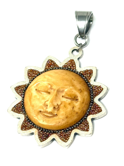 Hand-carved bone sun one-of-a-kind interchangeable beaded pendant with tiny pearls and crystals in brown, cream, and peach with oxidized pewter floral focal - handmade in USA by Bead Dangle Design