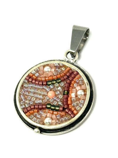 Glass seed bead one-of-a-kind interchangeable mosaic beaded pendant in peach, green, and rust tones - handmade in USA by Bead Dangle Design