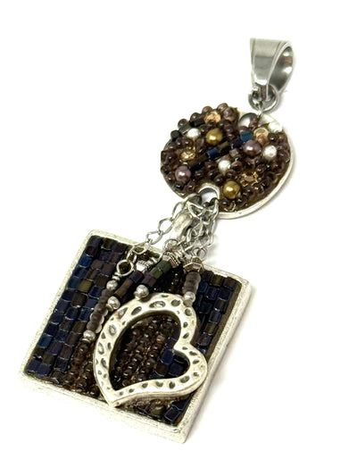 Handmade Brown Mosaic Beaded Heart Pendant #8291D featuring intricate design and stunning colors for personal style.