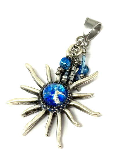 Handmade Deep Blue Opal Sun Glass Beaded Pendant #8290D featuring floral Czech glass and striking sun design.