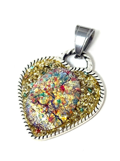 Handmade heart pendant with a vintage golden opal pearl shimmer focal bead, set in an antique oxidized pewter bezel and featuring multicolored glass shimmer flakes.
