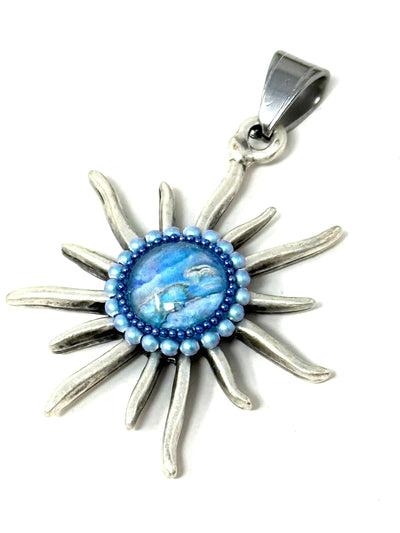 Handmade Pearl Blue Sun Pendant Necklace #8295D