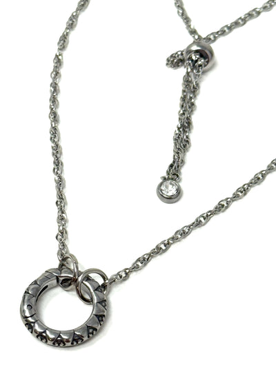 Long Adjustable Stainless Steel Lace Chain necklace with a sliding circular ring pendant and clear crystal dangle at the clasp.