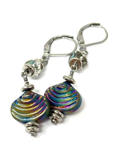 Handmade Czech Metallic Glass and Crystal Dangle Earrings. Go with anything earrings that change color with every move.