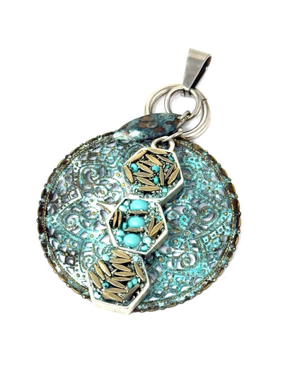 Filigree copper enamel pendant with accents of turquoise beads. Attach it to your favorite chain from Bead Dangle Design.