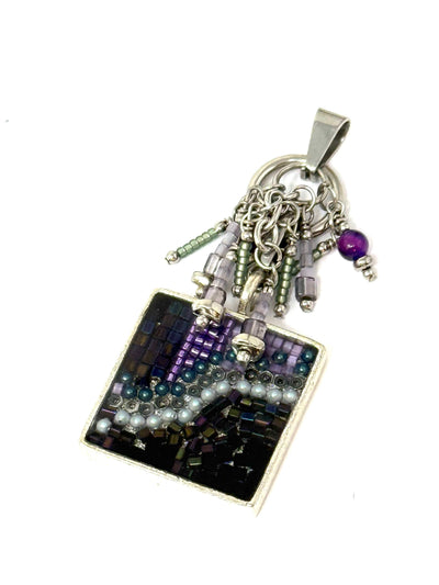 Stunning interchangeable mosaic pendant crafted from purple seed beads and a cluster of small beads.