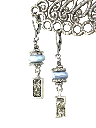 Gray Swirl Lampwork Glass Beaded Dangle Earrings #2234E