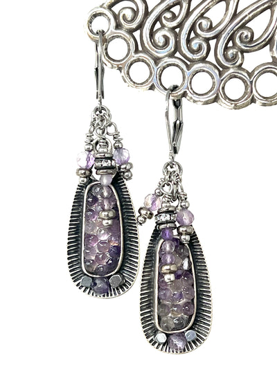 Antique Pewter Faceted Amethyst Beaded Dangle Earrings #2242E