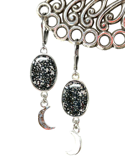 Tiny Black Shimmer Pearl Crescent Moon Earrings #2273E