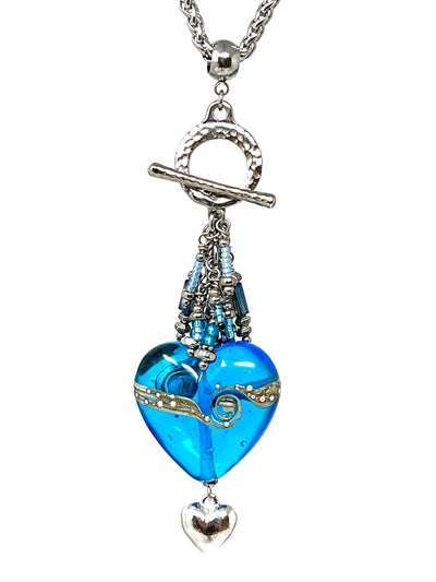 Turquoise Swirl Lampwork Glass Heart Beaded Dangle Necklace Pendant #5488D