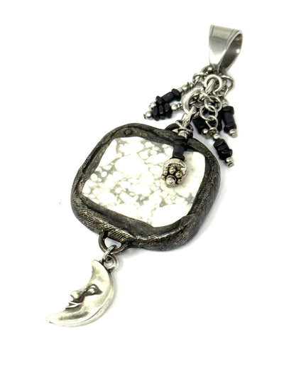 Chunky soldered Howlite gemstone focal bead enhanced with a crescent moon. Slide this pendant on any chain.