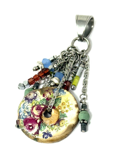 Lithuanian floral handmade bead enhanced with tiny gemstone beads. Slide this pendant on any chain of your choice.