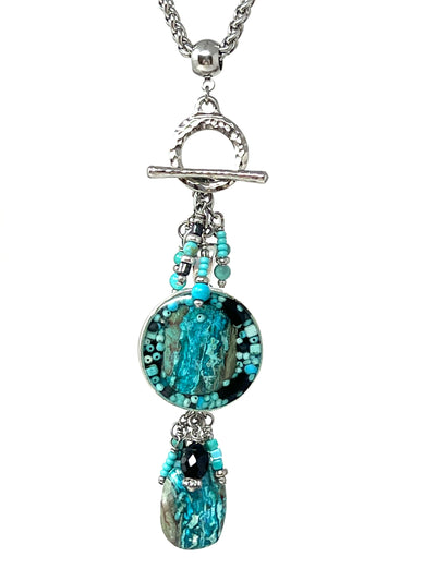 Turquoise and Chrysocolla Seed Bead Dangle Pendant #5538D
