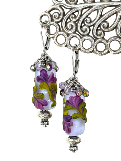 Handmade Frosted Lampwork Glass Floral Beaded Earrings #2356E