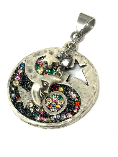 Chunky round star and moon pendant accented with colorful swarovski crystals.
