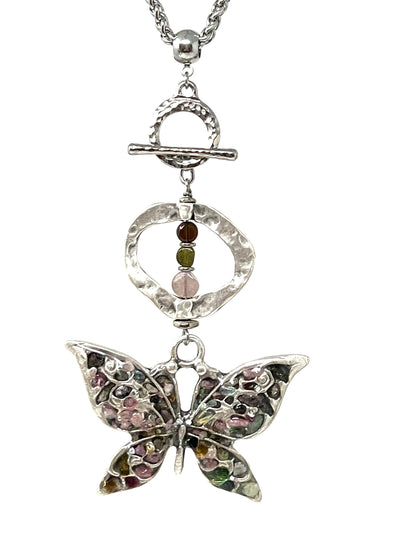 Handmade Tourmaline Mosaic Butterfly Necklace Pendant #5569D